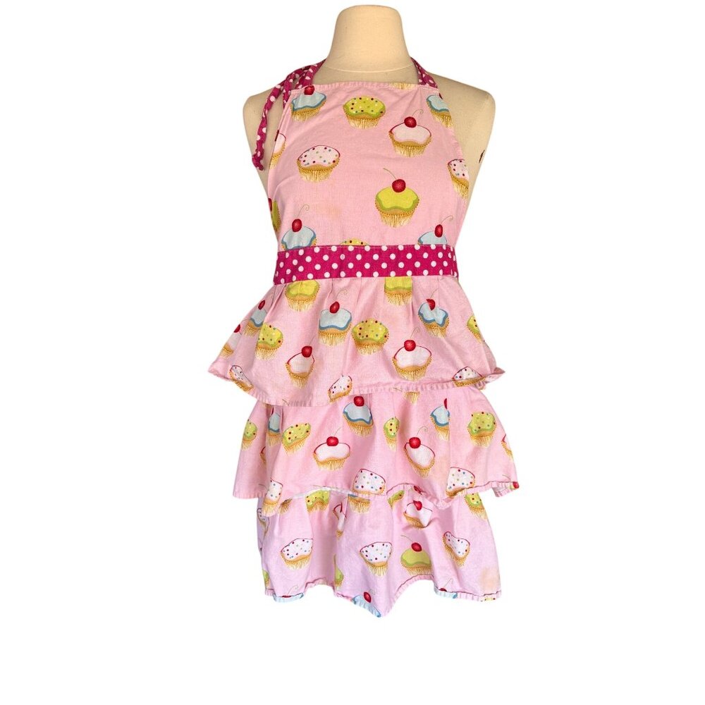 Gourmet Club Pink Tiered Apron With Cupcake Print & Polka Dots One Size